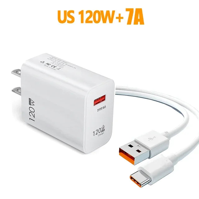 120W Fast Charging USB Charger Adapter For Xiaomi Civi 12S Ultra 12 Lite POCO X5 Redmi Note K50 Power Charger 7A Data Cord Kit
