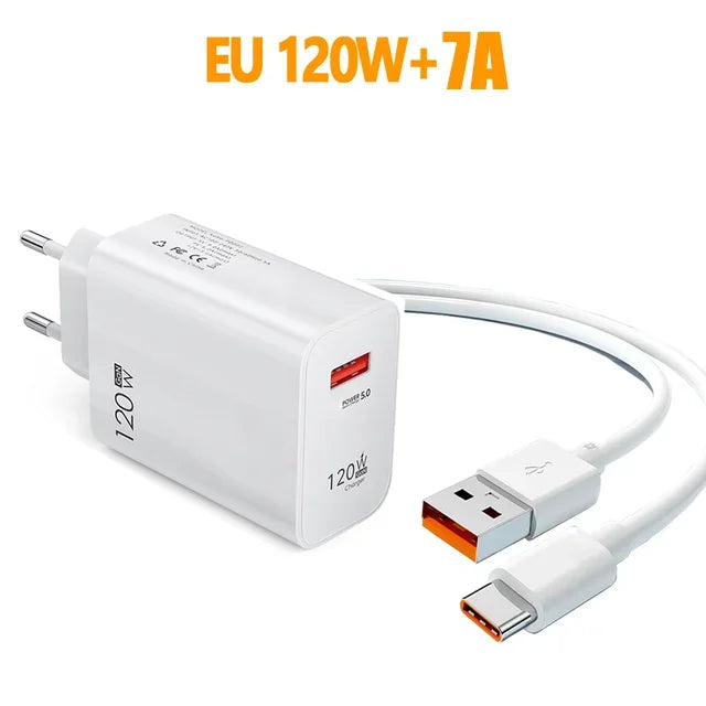 120W Fast Charging USB Charger Adapter For Xiaomi Civi 12S Ultra 12 Lite POCO X5 Redmi Note K50 Power Charger 7A Data Cord Kit